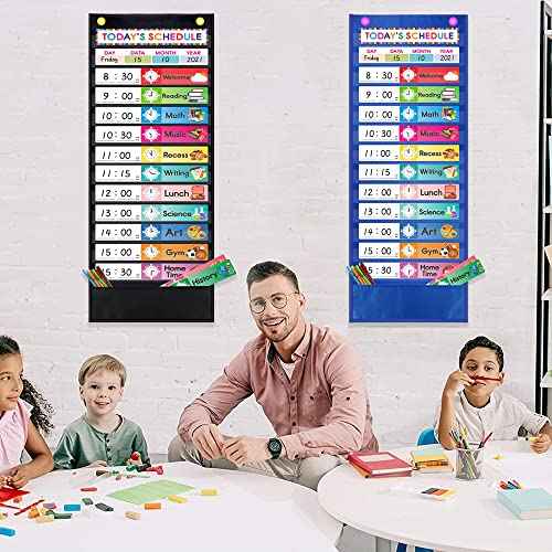 Daily Schedule Pocket Chart. Kids Chart with 15 Dry-Eraser Cards. 13+1 Pockets. for Classroom & Home (Blue)