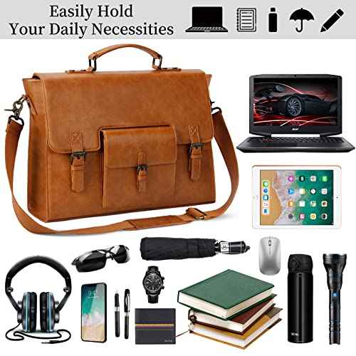 Leather Messenger Bag for Men 15.6 Inch Waterproof Vintage Leather Laptop Briefcase Large Satchel Shoulder Bag Office Travel College Computer Laptop Bag, Brown