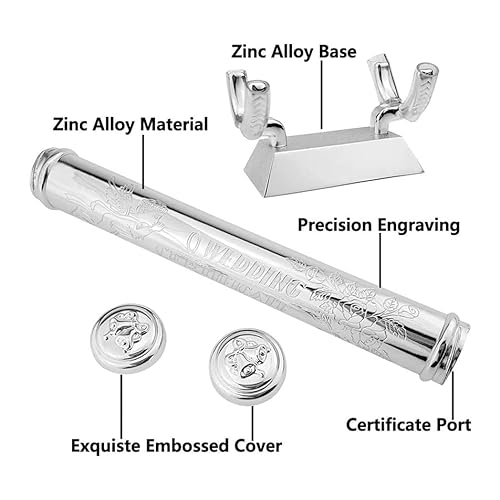 Marriage Certificate Holder and Base Set, Silver-Plated Zinc Alloy Wedding Certificates Holder with Stand Certificate Storage Tube Certificate Collection Tube Anniversary Gift Newlywed Gift