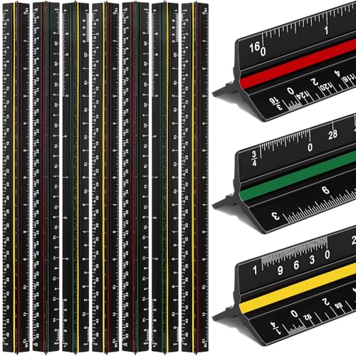 Macarrie 10 Pcs Architectural Scale Triangular Ruler 12" Architect Engineers Scale Ruler Set Aluminum Metal Ruler with Imperial Measurements for Architect Student Draftsman Engineer (3 Colors)