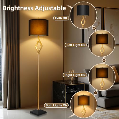Scenekoy Sculptural 64.5¡± Floor Lamp for Living Room Bedroom, Gold Leaf Finish & Black Faux Silk Shade, Pull Chains Switch Standing Lamp, Brightness Adjustable Lamp with Bulb Prefer for Home Office