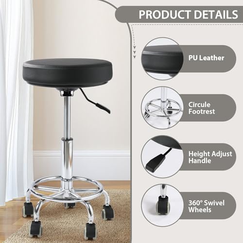 Adjustable Rolling Stool with Wheels Heavy Duty 500lb Round Rolling Stool with Footrest, Patent Leather Drafting Stool Chair with Wheels Work Spa Salon Seat, Black