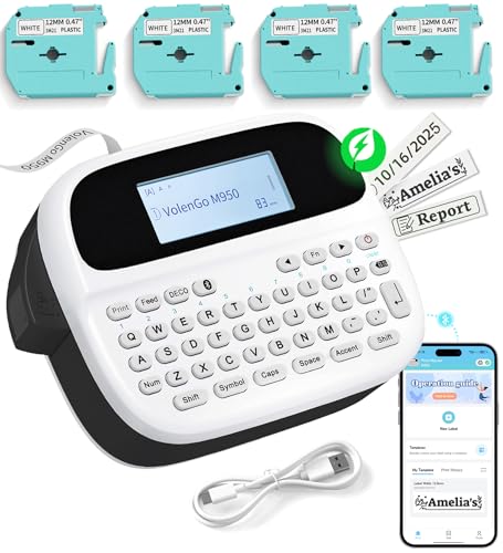 VolenGo Black Rechargeable Waterproof Label Maker with 4 Tapes