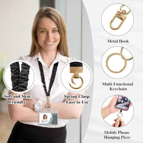 Prudiut Scrunchie Lanyard for Id Badges, Retractable Teacher Lanyards Stretchy Scrunchie Lanyard with Id Holder for Women