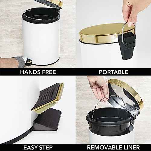 mDesign Pedal Bin ? Metal Waste Bin with Pedal, Lid and Plastic Bucket Insert ? Perfect for Bathroom, Kitchen, and Office ? Household Rubbish Bin with Ergonomic Design ? White/Gold