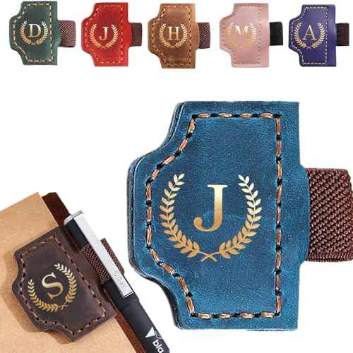 Personalized Bygone Mark Bookmark with Pen Holder, Leather Magnetic Book Markers 26 Letters,Gifts for Book Lovers, Readers, Leather Page Marks for Men Women (Blue, J)