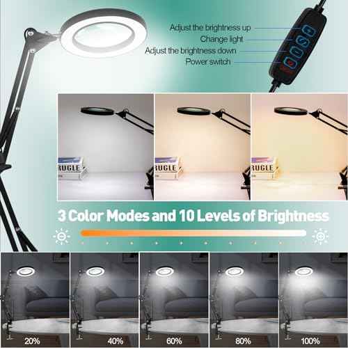 10X Magnifying Glass with Light, 1,800 Lumen 3 Color Stepless Dimming, 4.2 Inch Real Glass Lens LED Lighted Magnifier, Adjustable Swing Arm with Clamp Desk Lamp for Craft Repair Crochet Puzzles