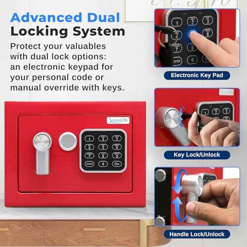SereneLife Premium Steel Digital Safe Box - 9.1" x 6.7" x 6.7" | Secure Storage for Cash, Firearms & Jewelry | Great For Hotels, Cabinets & Home Use | Electronic & Mechanical Access | 2 Keys | Red