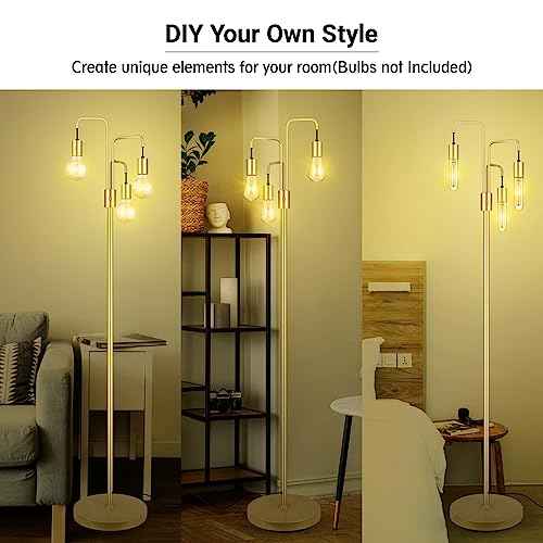 BoostArea Industrial Floor Lamp for Living Room,Gold Modern Standing Lamp Stand Up Lamp with 3 Light, Bulbs Not Included,Simple Design Floor Lamp for Bedroom, Living Room, Office, Kids Room, Reading