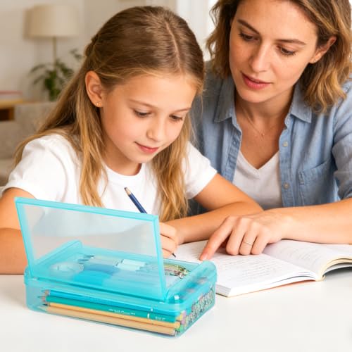 Pink Double Layer Clear Plastic Pencil Case with Stickers - YILANCOL