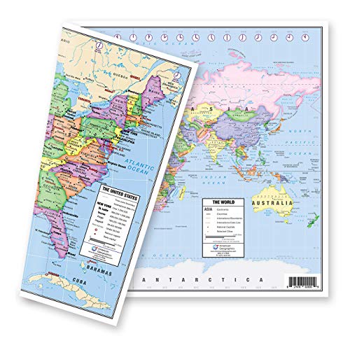 US and World Map Laminated Desk Chart 13x18 for Education & Home Use