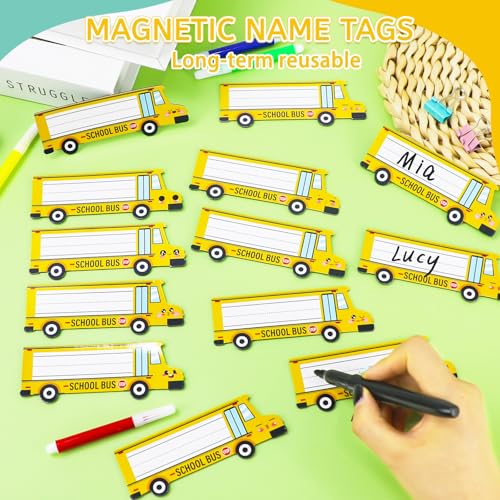 School Bus Magnetic Name Tags - Reusable Dry Erase Labels, Large Set, Whiteboard Office Supplies