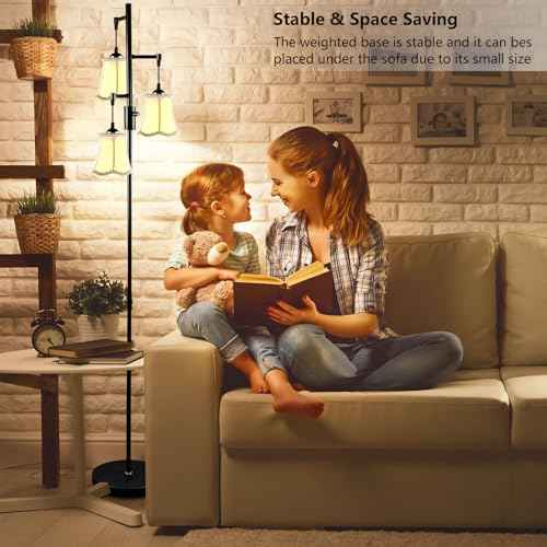 Lightdot 66IN Dimmable Floor Lamp for Living Room, Industrial 3-Light Tree Floor Lamps with LED E26 Bulbs Included, Mid Century Floor Lamp with Fabric Flower Lampshades for Bedroom HOM Office-Black