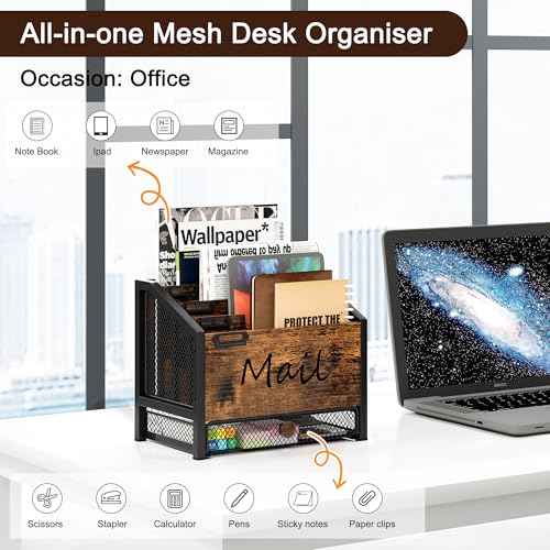 Mail Organizer - 4 Slots Wooden Desk Organizer with Mesh Drawer, Countertop Mail Receipt Business Card Holder, Vertical File Sorter Letter Tray, Black/Antique