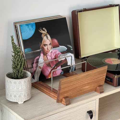Vinyl Record Storage Holder - Solid Acacia Wood & Metal, Sturdy Record Storage for 50-70 Albums, Elegant Vinyl Holder