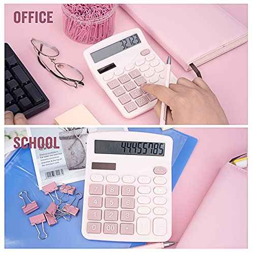 Cute Pink Desktop Calculator with Big Buttons, Dual Power Source, Solar and Battery, Large Display Screen - Perfect for Office, Teachers, and Students (Pink)