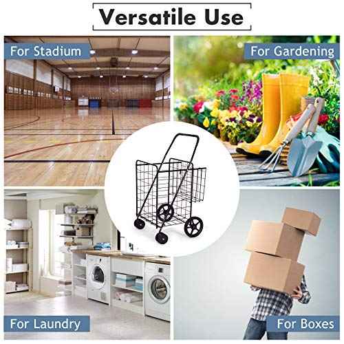 BETTARY Jumbo Folding Shopping Cart, Metal Grocery Cart on Wheels with Double Basket, Heavy Duty Utility Cart with 360¡Æ Swivel Wheels for Grocery, Laundry, Book, Luggage, Travel, Black