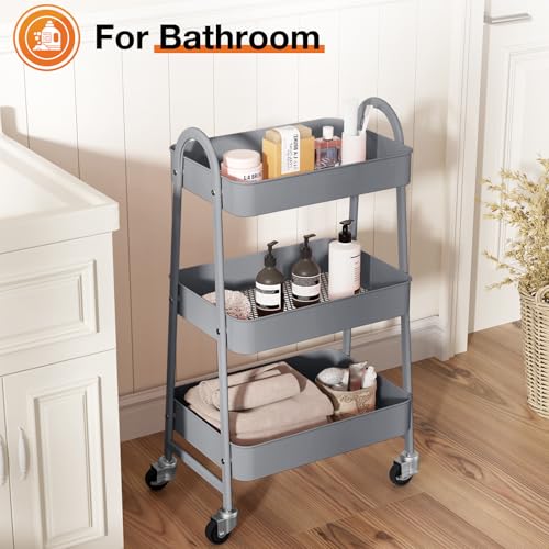 NEWBULIG Gray 3-Tier Metal Rolling Cart with Lockable Wheels, Heavy Duty Utility Shelf