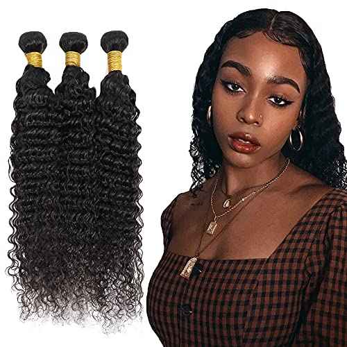 18 20 22 Inch Deep Wave Bundles Human Hair Bundles #1B Nature Black Deep Wave Bundle Unprocessed Brazilian Virgin Weave Hair 3 Bundle 50 Gram Per Bundle for Woman