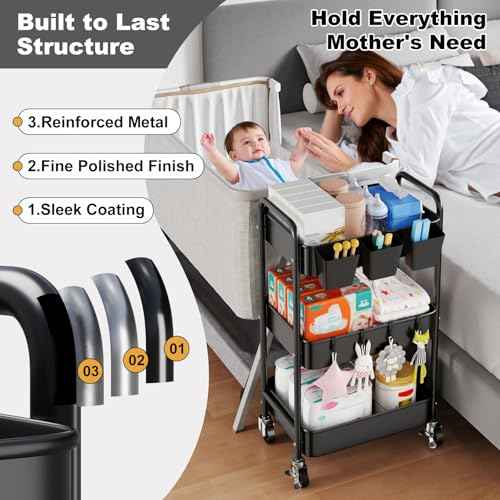 3 Tier Rolling Cart Metal with Wheels, Black Three Tiered Utility Craft Cart Organizer on Wheels, Roller Storage Carts for Baby, Diaper Caddy, Art, Snack, Nail, Lash, Cleaning, Dorm, Bathroom, Laundry