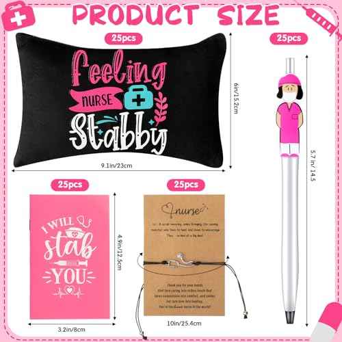Qilery 100 Pcs Nurse Appreciation Gifts Set 25 Nurse Makeup Cosmetic Bag 25 Doctor Nurse Ballpoint Pens 25 Notebooks Pocket Journal 25 Stethoscope Rn Bracelet for Women Rn Assistant Student
