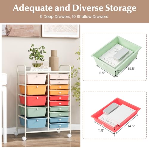 RELAX4LIFE Macaron 15-Drawer Rolling Storage Cart, 34.5" H with 4 Wheels