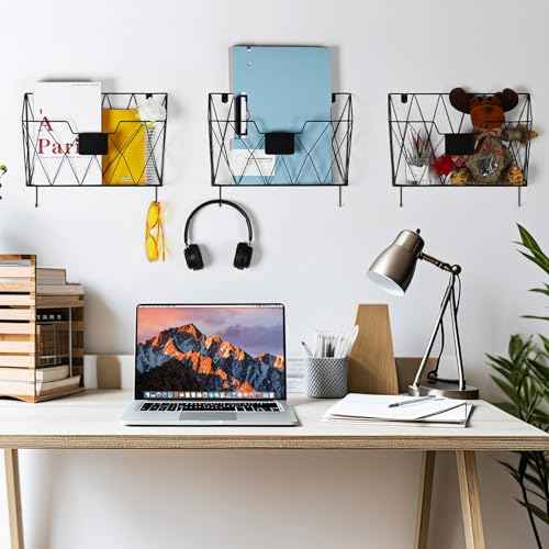 Hanging File Holder Wall File Organizer Holder, 6 Pockets Wall Mount Vertical Magazine Rack with Hooks for Office Home, Black