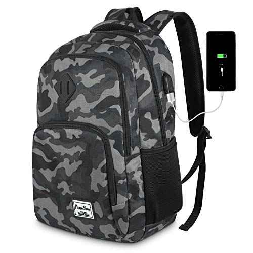 YAMTION 17 Inch School Backpack for Teen Boys,Bookbag for High School College Backpack with USB,Camouflage Black