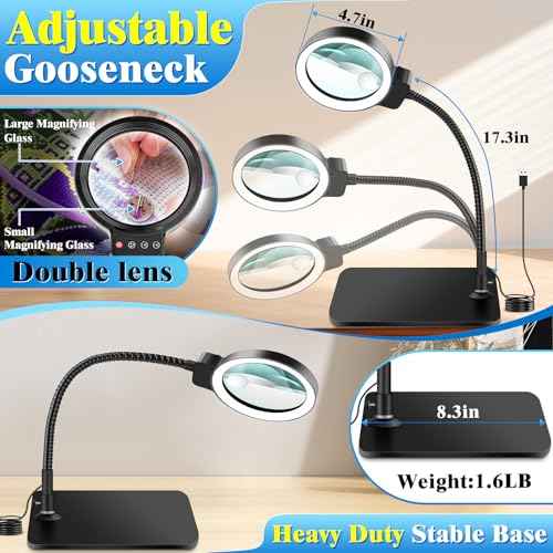 30X 10X Magnifying Glass with Light and Stand, 72 LED 3 Color Modes Stepless Dimmable, Hands Free Lighted Magnifier Desk Lamp for Close Work Craft Hobby Painting Sewing Jewelry Reading, Square
