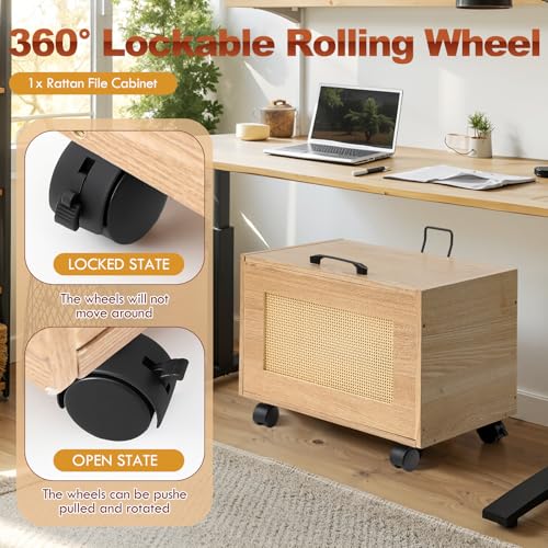 Rattan File Cabinet Hanging File Organizer Box with Lid Rolling Wicker Filing Cabinet for Home Office for Letter/Legal Size