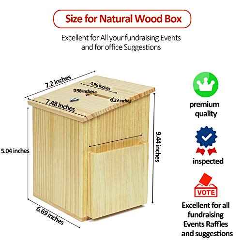 Wood Charity Donation collection Box Office suggestion Ballot Box With wide slot for envelopes and suggestion comment forms, side Pocket and Locking Hinged Lid & Pen for Table Or Counter-top(Natural)