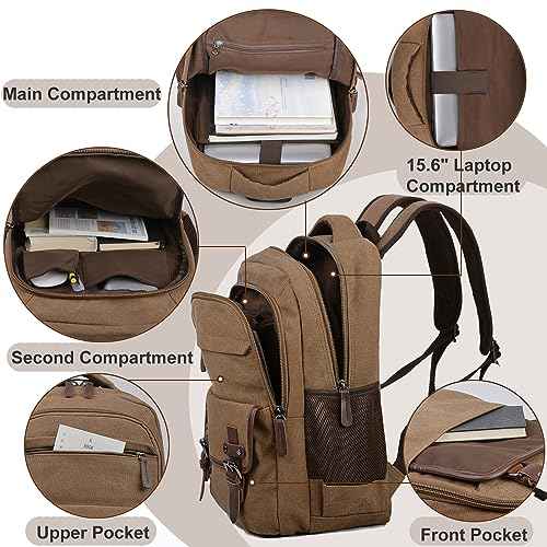 Canvas Laptop Backpack, Vintage Daypack for Men Women,Travel Work Rucksack College Bookbag Computer Bag Fits 15.6 Inch Laptop (Coffee)