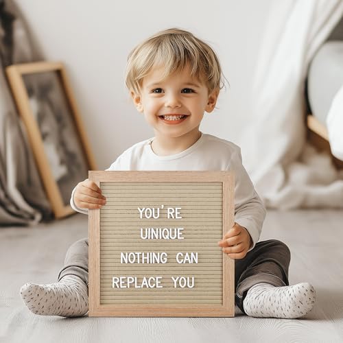 Felt Letter Board with 294 Letters, Numbers, Symbols - 10x10 inch Changeable Message Board with Wooden Frame Wall Mount (Beige)