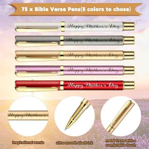 Tellingyou 75 Sets Mother's Day Church Gifts Bulk Included Happy Mother's Day Pens Inspirational Religious Cards Bible Verse Cards and Organza Bags for Women Church Members Christian Gift, 5 Colors