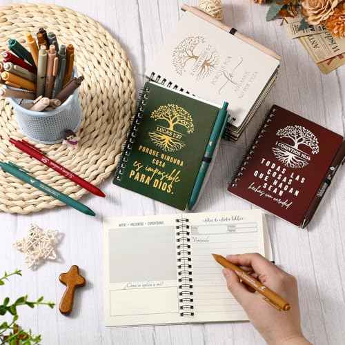 Kosiz 60 Pcs Spanish Christian Spiral Notebooks with Ballpoint Pens Tree Life Bible Verse A6 Journal Religious Inspirational Gift Grandparent Day Gift Set Church Pastor(Special Style,Retro Color)