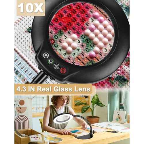 10X Magnifying Glass with Light, 5 Color Modes Stepless Dimmable Flexible Gooseneck LED Hands-Free Desk Lamp, Stand Lighted Magnifier for Crafts, Sewing, Reading, Painting, Hobby, Close Work