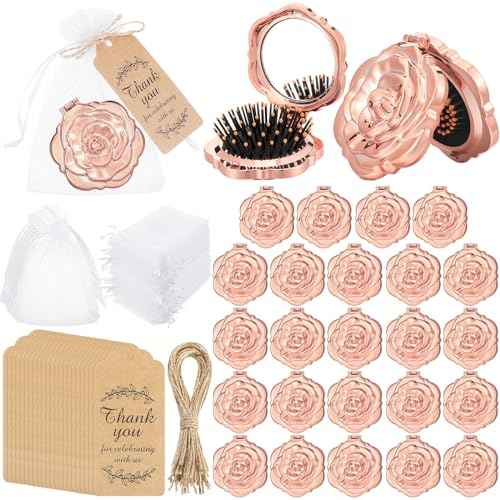 24 Sets Rose Compact Mirrors Brush Bulk Quinceanera Party Favors for Guests Travel Mirror Thank You Gifts Bulk for Sweet 16 15 Party Favors Bridal Shower Wedding Souvenirs(Rose Gold)