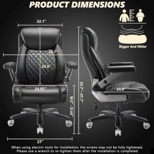 Indulgear Heavy Duty Office Chair 600LBS Black Large Executive Desk Chair with 5D Flip Arms & Lumbar Support