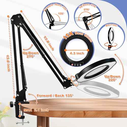 15X Magnifying Glass with Light and Clamp, Lighted Magnifying Glass Desk Lamp LED Magnifier Lamp with Light and Clamp 5 Color Mode 10 Brightness Dimmable Magnifier Lamp for Reading Close Work Craft