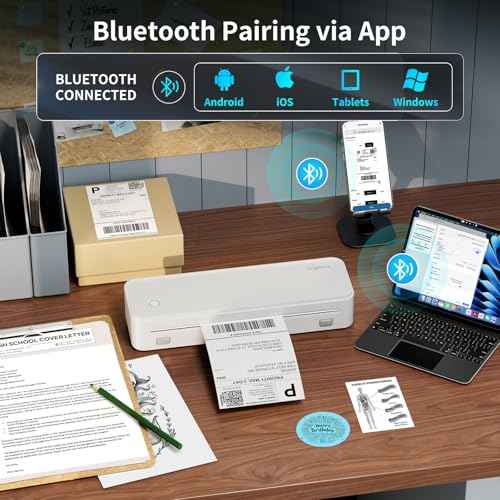 Portable Thermal Printer with 6 Rolls Multi-Size Paper, Bluetooth Inkless Printer Compatible with iOS, Android, Laptop, Used for Travel, Office, Home(White)