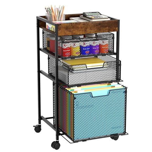 Rolling File Cart with Drawers - 4-Tier Espresso Under-Desk Mobile Office Organizer