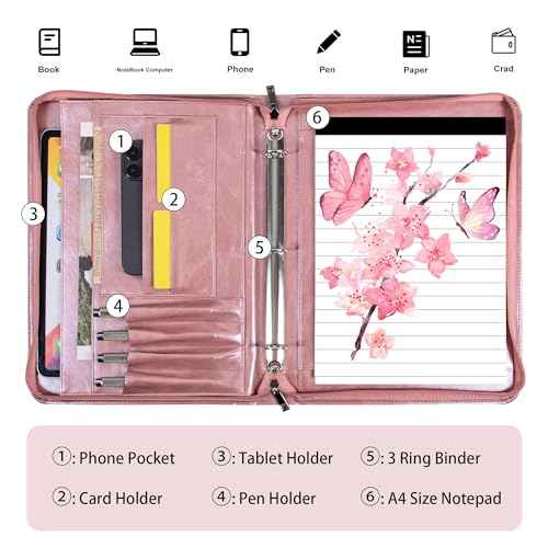 Rose Gold Padfolio,Vegan Leather Portfolio for Women,3-Ring Binder with Zipper, A4 Planner Binder with Laptop Pocket,Legal Size Portfolio,WorkBinder Organizer for Women and Girls