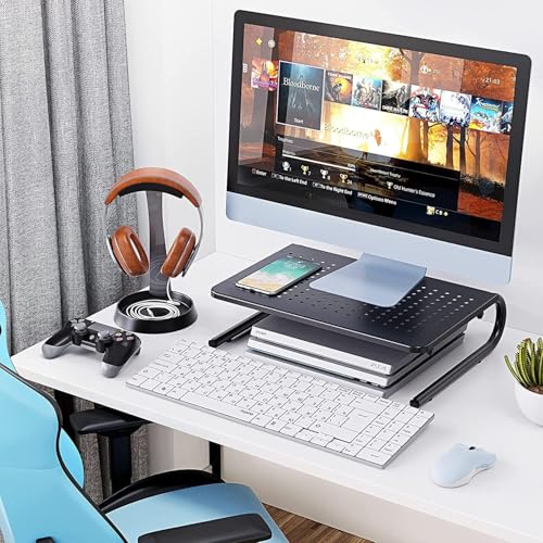 HUANUO Black Monitor Riser Stand with Ventilated Steel Shelf, Ergonomic Desk Accessory