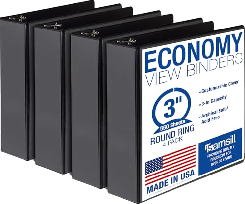 Samsill 3-Inch Black 3-Ring Binders, 550 Sheet Capacity, Clear View Cover, 4 Pack