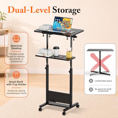OUKMIC 24x16in Adjustable Height Rolling Podium Stand with 180° Tilting Desktop - Black