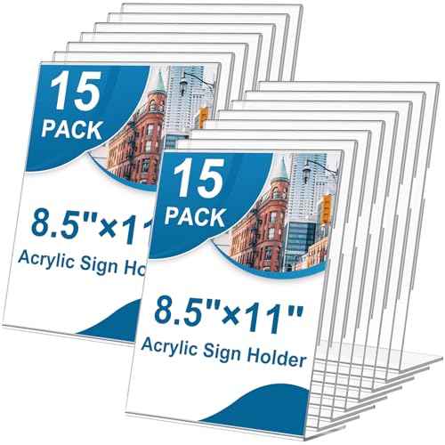 15 Pack Acrylic Sign Holder 8.5 x 11, L-Shape Clear Plastic Display Stand for Tabletop, Acrylic Stands for Flyers, Table Paper Holder, Vertical Sign Holder 8.5x11 for Restaurants, Office and School(Slant 15 Pack 8.5x11)