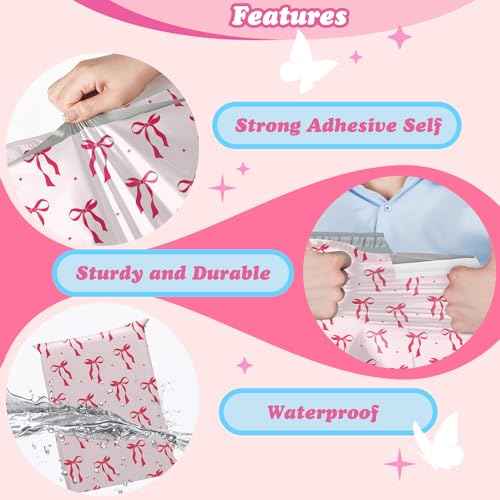 Fuxury Poly Mailers 10x13 Inch 50Pcs Shipping Bags for Clothing Strong Adhesive Shipping Envelopes for Small Business Self Seal Pink Bows Poly Bag Mailing Envelopes