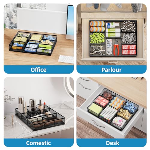 Marbrasse Black Metal Mesh Desk Drawer Organizer with 5 Adjustable Compartments - 12 x 8.5 x 1.8 inches