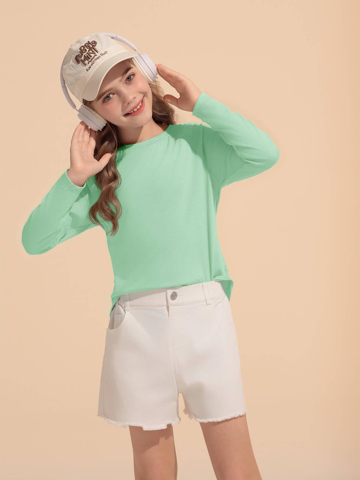 Haloumoning Girls Raglan Long Sleeve Shirts Kids Curve Hem Crewneck Tunic Tops Fashion T-Shirts 5-14Y Mint
