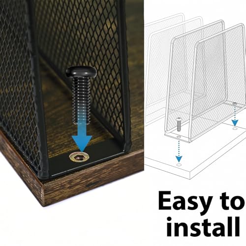 Becomrock Rustic Brown 5-Section Vertical Desk File Organizer with Wooden Base & Metal Mesh